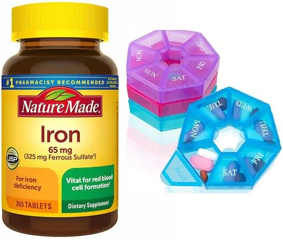 Nature faite de fer 65 mg (325 mg de sulfate ferreux) Comprimés, supplément alimentaire pour le soutien des globules rouges, 365 comprimés, 365 jours d'approvisionnement avec organisateur hebdomadaire de pilules
