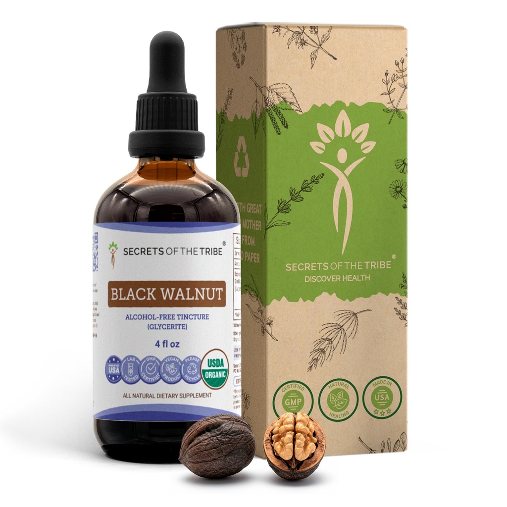 Secrets of the Tribe Black Walnut USDA Organic | Alkoholfreier Extrakt, hochkarätige Kräutertropfen | Hergestellt aus 100% zertifiziertem Bio Black Walnut (Juglans Nigra) Getrocknete Hull 4 oz