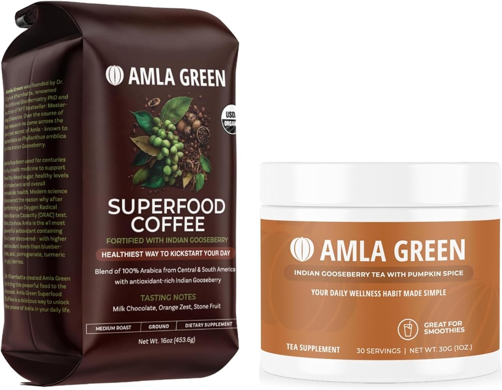 Amla Green Organic Ground Superfood Kaffee und Amla Pulver Superfood Supplement mit Kürbis Gewürz, 20x Ultra Konzentrat Amla