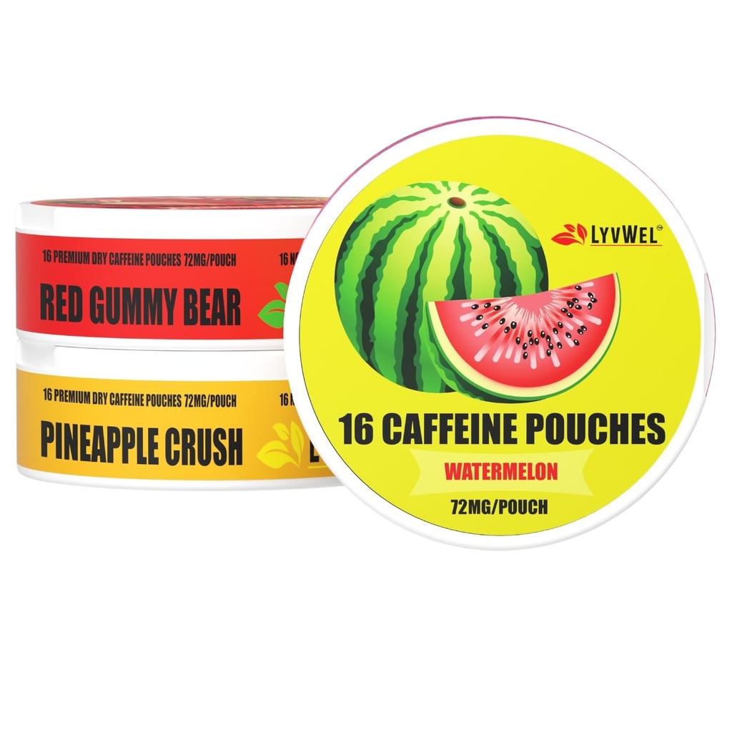 LyvWel 72mg Caffeine Energy Pouches – Watermelon, Red Gummy Bear, Pineapple Crush – Juicy Clean Energy with Guarana – 3-Pack (48 Total Pouches)