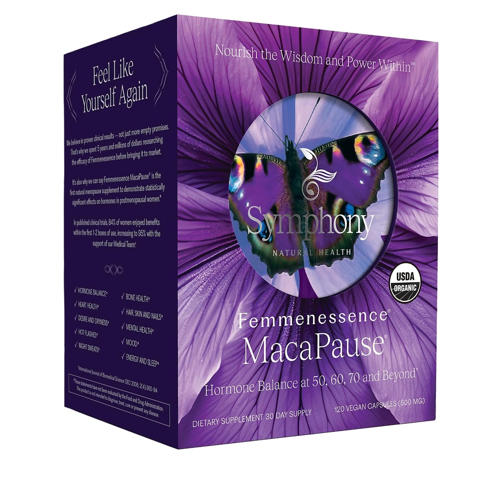 Femmenessence® MacaPause® – Supplément postménopausique prouvé cliniquement pour équilibre hormonal naturel, soulagement des symptômes de la ménopause, os et santé cardiaque, sans hormones ajoutées (120 capsules, 30 jours d'approvisionnement)