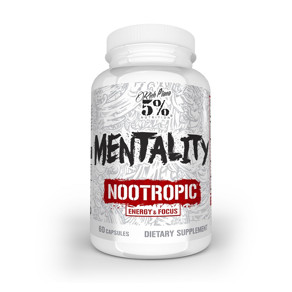 5% Ernährung Rich Piana Mentalität Nootropic Blend | Brain Booster Ergänzung für Leistung, Gedächtnis, Mental Clarity | Ginseng, Ginkgo, L-Theanin, Choline, Huperzine, 60 Kapseln (30 Tage Versorgung)