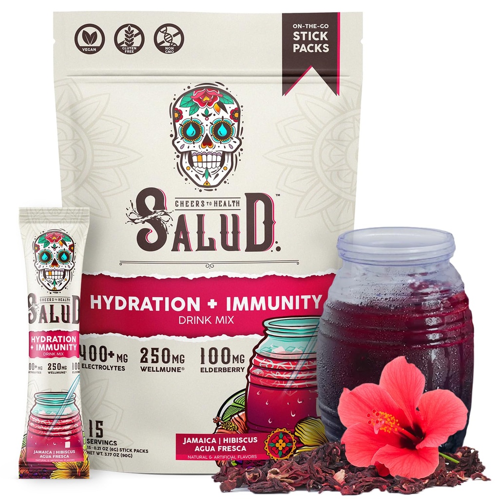 Salud 2-in-1 Hydration Packets + Immunität Elektrolyte Pulver, Hibiscus - Jamaica Agua Fresca Drink Mix, Elderberry, Dairy & Soy Free, Non-GMO, Glutenfrei, Vegan, Low Calorie, 1g Zucker (15 Servierungen)