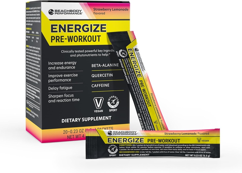 BODi Energize Pre Workout Powder - Beta-Alanin, Quercetin & Low-Dose Caffeine Formel für Enhanced Energy & Focus, Erhöhen Sie Energie & Endurance Supplement, Erdbeer-Lemonade Flavored, 20 Sticks