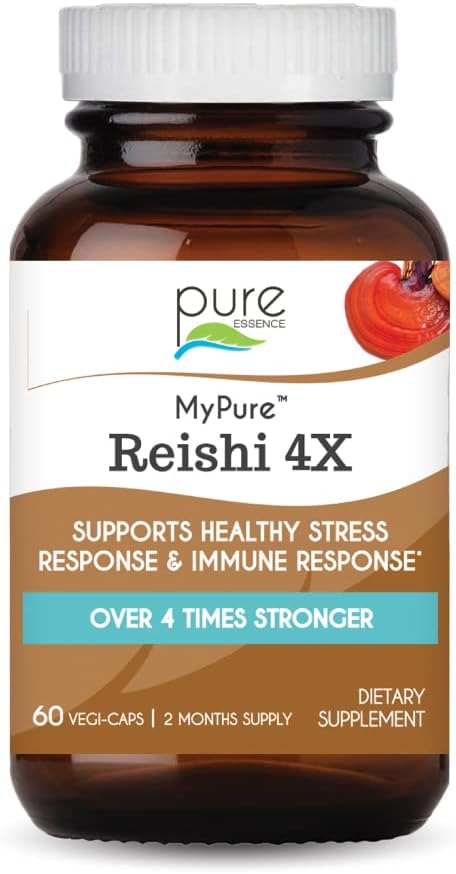 PURE ESSENCE LABS MyPure Reishi 4X Organic Mushrooms Supplement - 100% Real Mushroom Extract for Immune Support, Stress Relief, Build Energy (60 Capsules)