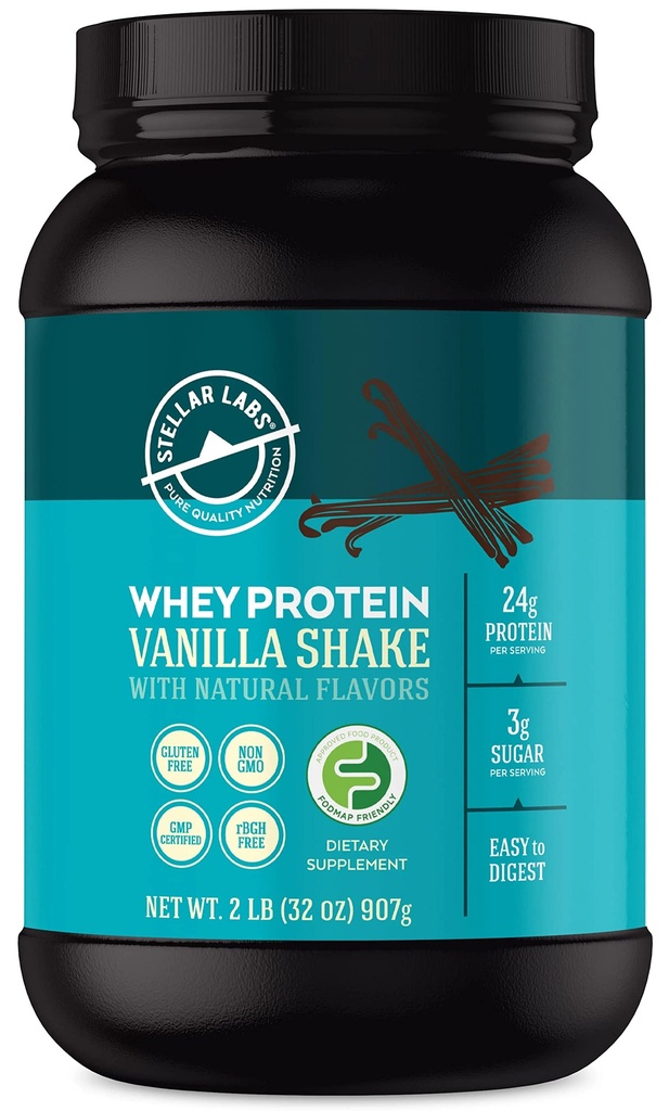 Stellar Labs Whey Protein Pulver mit BCAA & Whey Isolate | Zertifiziert Low FODMAP, Non GMO, Glutenfrei, Sojafrei, Low Carb, Keto, mit Stevia | Alle natürlichen Lean Post Workout Shakes | Vanille