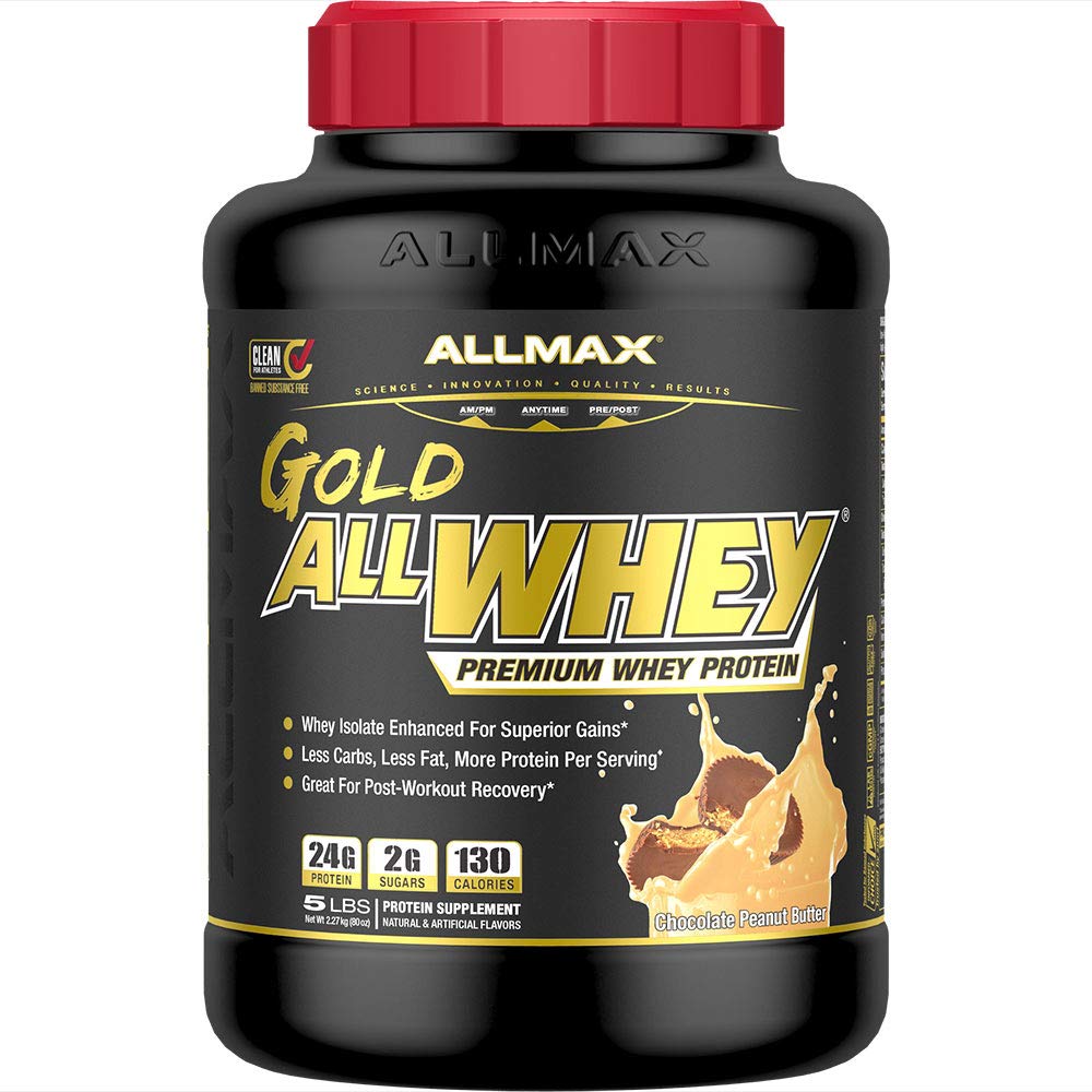 ALLMAX Gold ALLWHEY, Chocolate Peanut Butter - 5 lb - 24 Gramm Protein Per Scoop - Glutenfrei, Low Carb & Low Sugar - ca. 71 Portionen