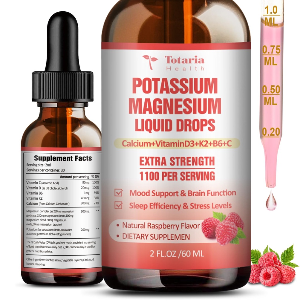 Kalium-Magnesium-Ergänzung Flüssigkeitstropfen - Hohe Absorption Kalium-Ergänzung mit Magnesium, Kalzium, Vitamin D3 K2, Vegan, Non-GMO-Kalium-Unterstützung Leg Cramps, Knochen, Muskel - 2 Fl oz