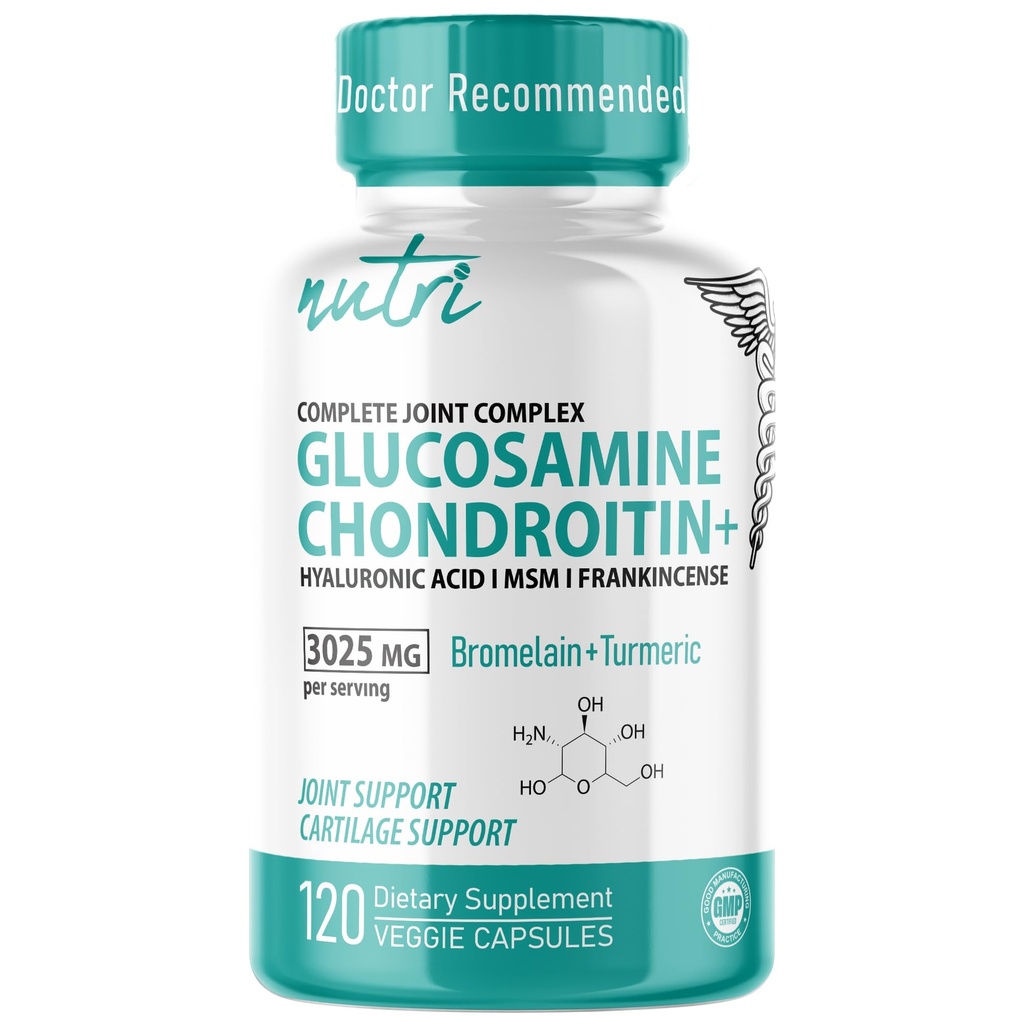 Nutri 8-in-1 Glucosamine Chondritine MSM Turmeric Bromelain Boswellia Hyaluronique Acid 3025 mg - Supplément de soutien conjoint - 120 Capsules - Soutien des os sains - 3e partie testée et certifiée GMP
