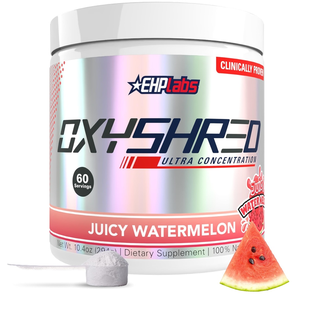 EHP Labs OxyShred Pre Workout Powder - Preworkout Powder with L Glutamine & Acetyl L Carnitine, Boissons pour stimuler l'énergie - Pastèque juteuse, 60 portions