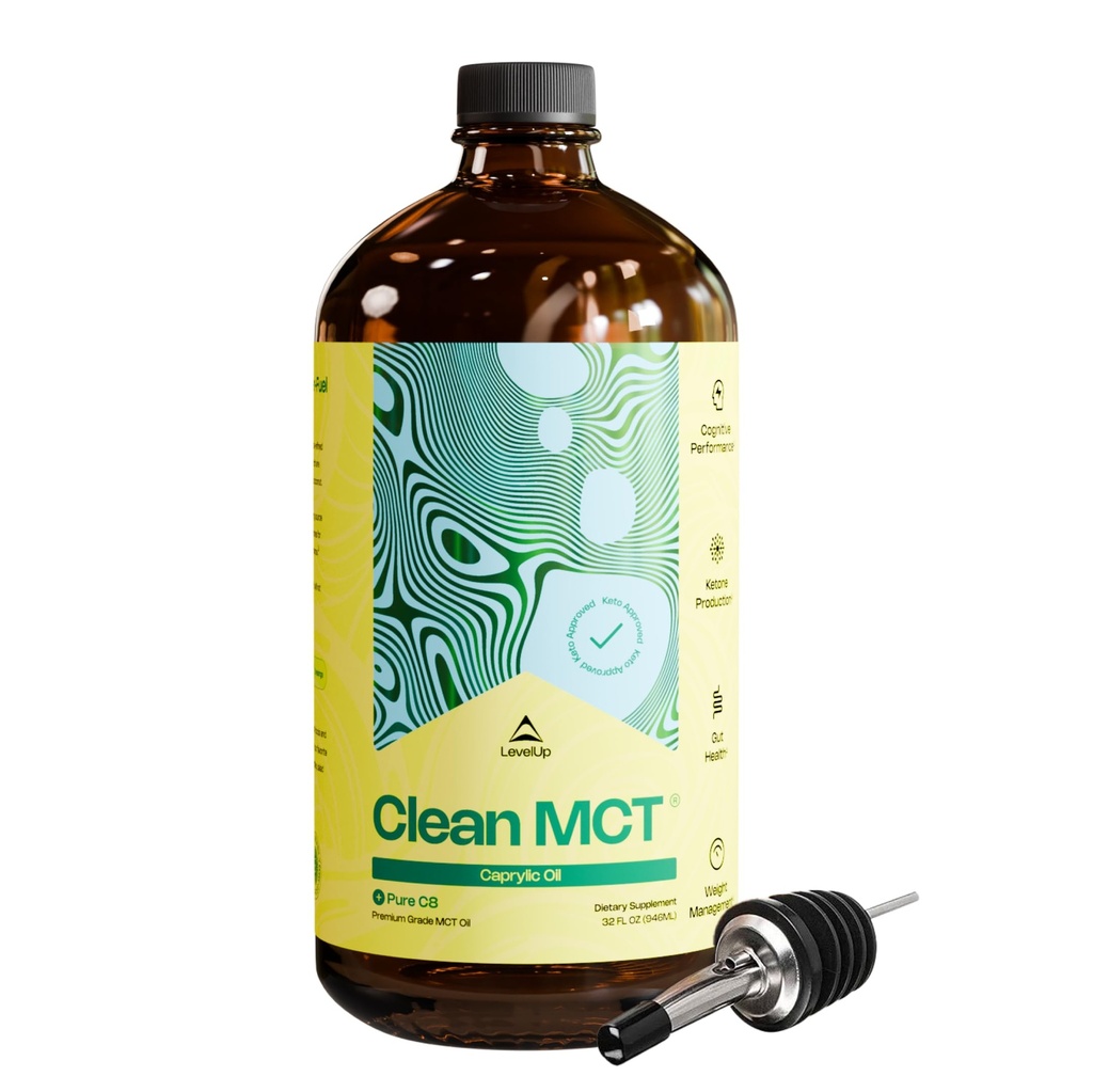 Levelup Clean MCT Öl - 100% Caprylic C8 for Energy, Focus, Gut Health, Brain Superfuel - Keto Supplement für Ketogenic Kaffee und Ketone - Non-GMO (32 oz Glasflasche)