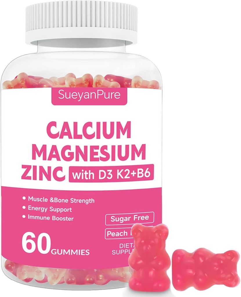 Zuckerfreie Calcium-Magnesium Zink-Gummien mit VC D3 &B6 &K2,600mg Calcium-Gummien mit 300mg Magnesium-Unterstützung Knochen & Muskel für Erwachsene und Teens (60 Count (Pack von 1))