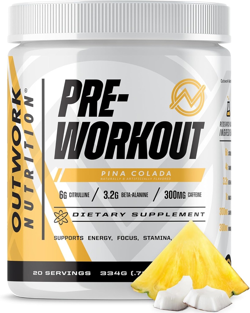 Outwork Nutrition Pré-entraînement pour les hommes et les femmes - Nootropic Pré-entraînement sans créatine, poudre pré-entraînement avec Taurine Rhodiola Citrulline Malate Beta Alanine caféine (Pina Colada)