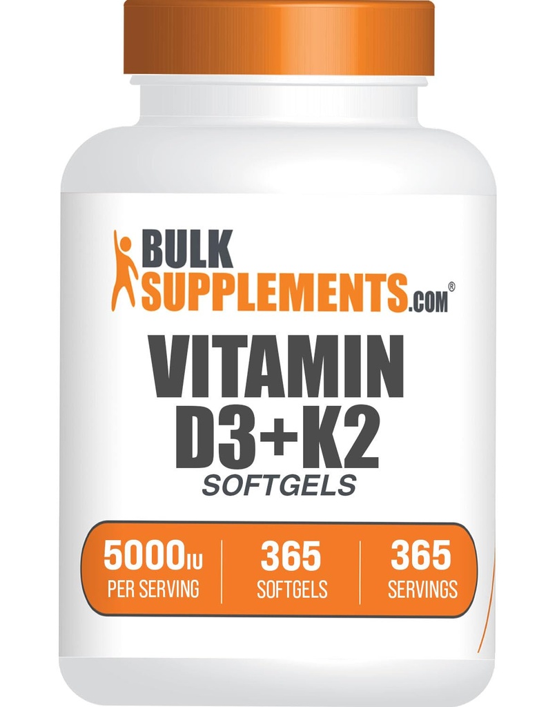 BulkSupplements.com Vitamin D3 + K2 5000 IU Softgels - D3 K2 Supplement, for Immune Health - Gluten Free, 1 Softgel per Serving, 365 Count (Pack of 1)