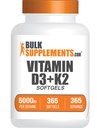 BulkSupplements.com Vitamin D3 + K2 5000 IU Softgels - D3 K2 Supplement, für Immungesundheit - Glutenfrei, 1 Softgel pro Servierung, 365 Count (Pack von 1)