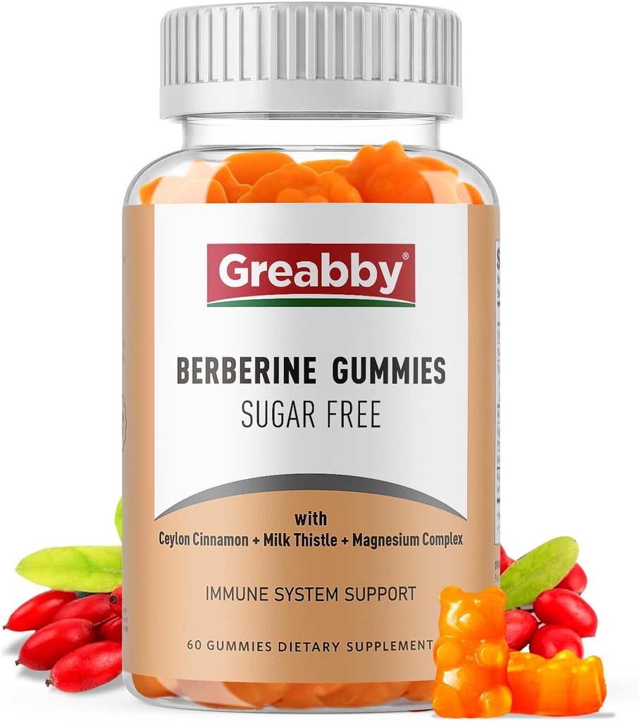 Berbérine avec supplément de cannelle Ceylan - Gommies berbères, Berbérine biologique HCL 1200 mg pour adultes, système immunitaire, sans sucre, sans OGM, sans gluten, 60 gommies