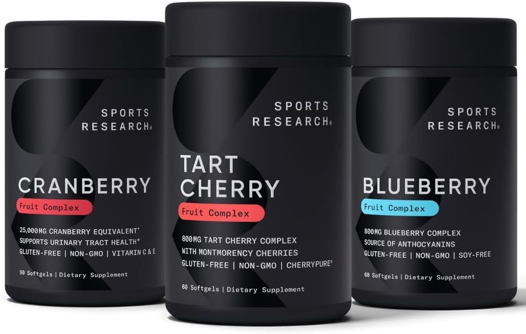 Sportforschung Tart Cherry Konzentrat (von Montmorency Tart Cherries), Cranberry Fruit Complex (mit Pacran & Vitaminen C & E) & Whole Fruit Blueberry Konzentrat (aus Bio Blueberries)