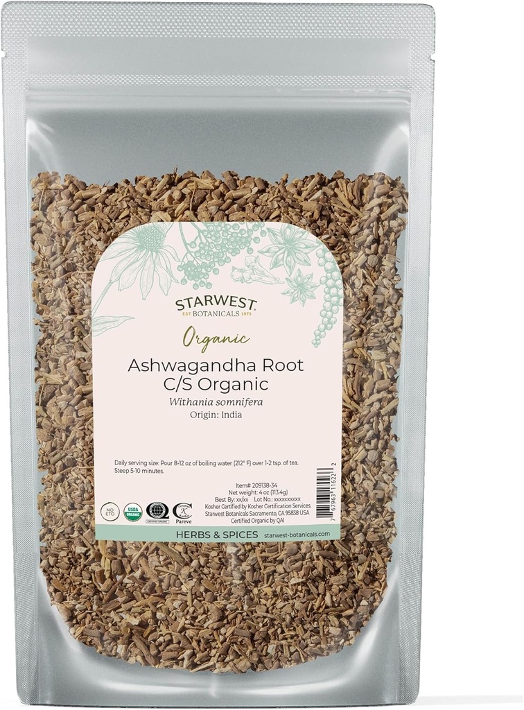 Starwest Botanicals Organic Ashwagandha Root für Damen und Herren - Getrocknete Kräuter für Tee, Kapseln, & natürliche Kräutermischungen, Schnitt & Gefertigt, Zertifizierte Kosher, Non-GMO - 4 oz Pouch
