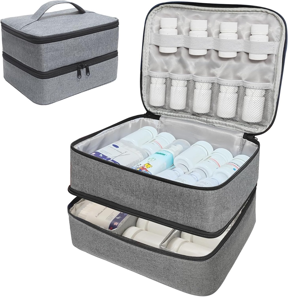 Organisateur de médicaments de voyage et sac de rangement - Double couche Sac d'organisateur de bouteilles de pilules pour les médicaments d'urgence, suppléments ou trousses médicales, sac de médecine vide verrouillable zippé pour la maison (Grey, M)