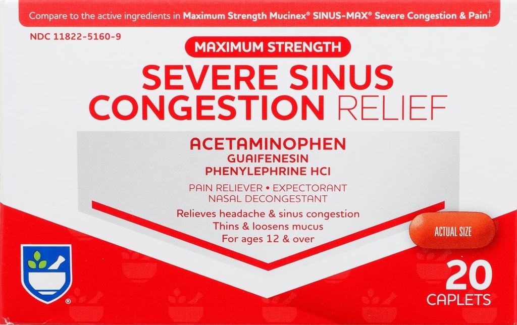 Rite Aid Sinus Médicament sévère et dynamitage nasal, résistance maximale - 20 Caplets de soulagement du sinus