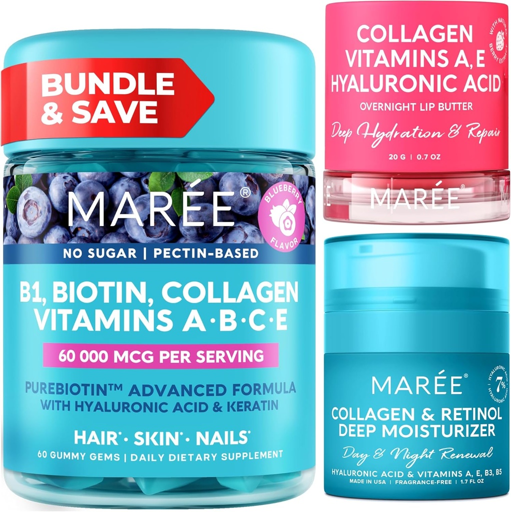 Bouteille MAREE - Vitamine B1 Gommies de Thiamine, Masque à lèvres, Hydratant du visage - A, E, D, C Vitamines - Collagène et acide hyaluronique, complexe rétinol pour la peau, ongles, cheveux - Masque pour lèvres sèches - Crème anti-âge