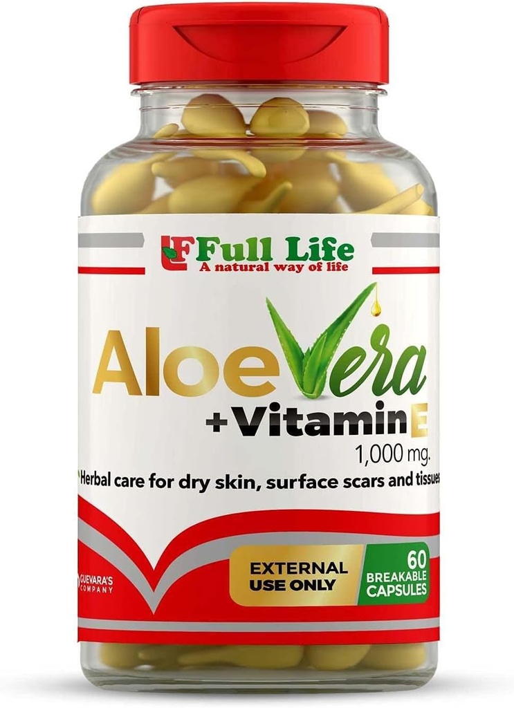 Full Life Aloe Vera + Vitamine E, 60 Capsules Breakable - Hydratant, Anti-âge - Soins de la peau sains