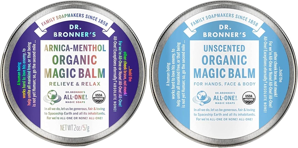 Dr. Bronner's - Organic Magic Balm (2 oz Variety Pack) Arnica-Menthol & Baby Unscented - Made with Organic Beeswax & Hanf Oil, Moisturizes and Soothes Hands, Face & Body | 2 Count