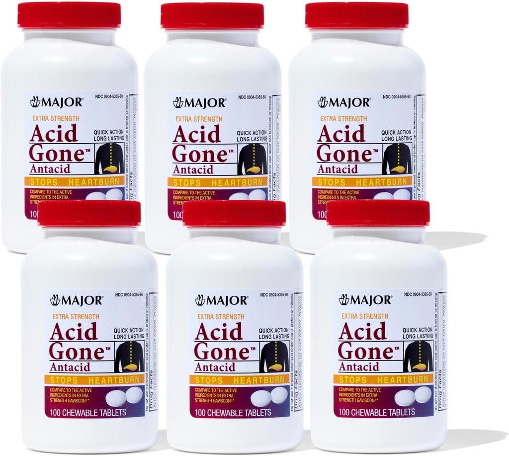 Major Acid Gone Extra Strength Antacid Chewable Tablets - Anti-Acid Relief - Säure Reflux Medizin für Erwachsene - Upset Stomach, Säure Verdauung, und Sodbrennen Relief - Lang-Lasting - 100-Count (6 Pack)