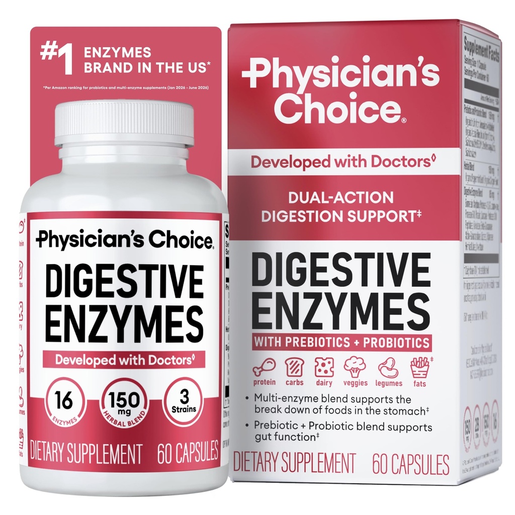Physicians CHOICE Verdauungsenzyme für Bloating & Digestion - 16 Enzyme mit Bio-Präbiotika & Probiotika für Gut & Verdauungsmedizin - Meal Time Discomfort Relief - Dual Action Support - 60 CT