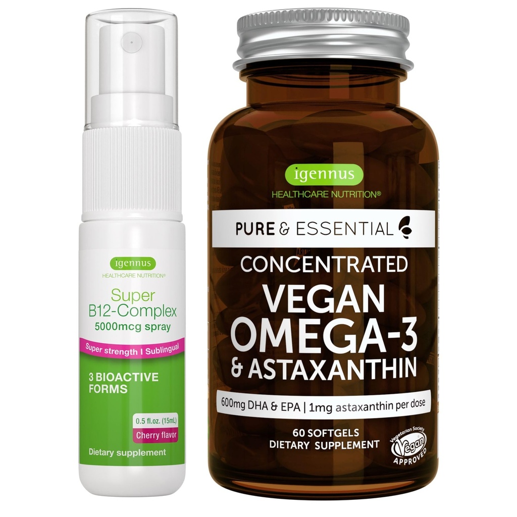 Vegan Omega-3 Algenöl + Super B12-Complex 5000mcg Vegan Bundle, High Concentration DHA & EPA + High Strength B12 Cherry Flavor Sublingual Spray, von Igennus