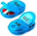 Deke Home - Organisateur de pilules AM PM, 2 compartiments Pill Box pour la poche ou la purse, petit cas de médecine quotidienne, support de pilules de voyage, récipient à pilules facile à ouvrir, vitamines et suppléments (Blue, paquet de 2)