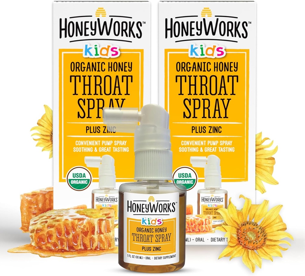 HoneyWorks Kids Throat Spray für Sore Throat Relief, 1 Oz (Pack mit 2) Beruhigendes Non-GMO USDA Organic Dark Honey + Zink, Fast-Acting Relief, 12 Monate +