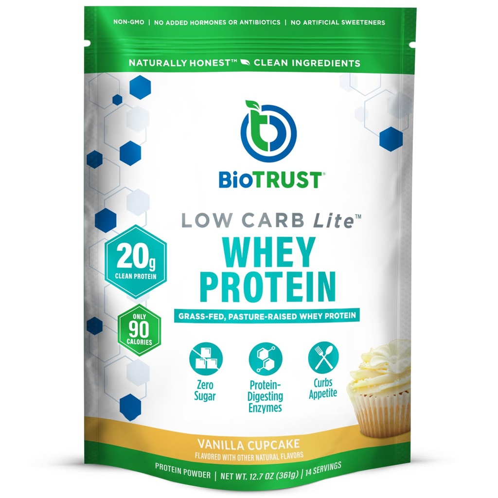 BioTrust Lite à faible teneur en glucides, 20 grammes d'isolat de protéines de lactosérum, 100 calories, enzymes digestives ProHydrolase, non OGM, exemptes de soja et de gluten, sans rBGH (14 portions) (Cupcake de vanille)