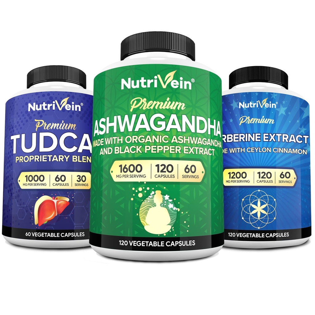 Nutrivein Premium TUDCA, Berberine Ergänzungen, und Ashwagandha Ergänzungen Bundle: High-Absorption Berberine Complex, Ashwagandha Root Extract, & TUDCA für Detox, Vitality & Well-Being