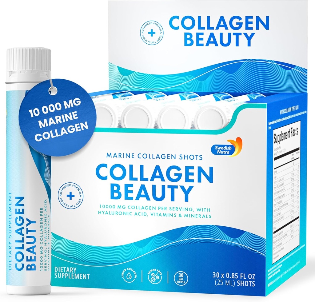 Suédois Nutra - Collagène Beauté de 10 000 mg Complément liquide de collagène marin hydrolysé - 30 x 25 ml Tours quotidiens de l'acide hyaluronique et de la vitamine C pour soutenir cheveux, peau, ongles sains