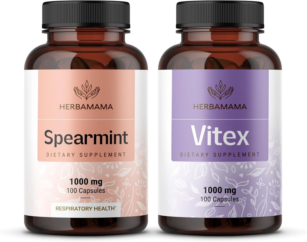 HerbAMAMA Spearmint and Vitex Kit - Lot de 1000 mg Spearmint Leaf & Vitex Chasteberry Capsules - Vegan, non-OGM, sans gélatine - 2 boîtes