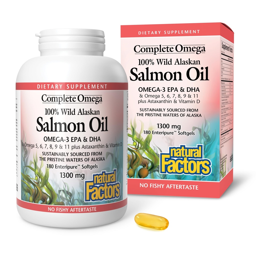 Komplettes Omega von natürlichen Faktoren, Wild Alaskan Lachsöl, unterstützt Herz- und Hirngesundheit mit Omega-3 DHA und EPA, 180 Softgels (180 Portionen)