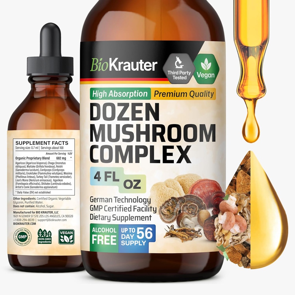 BIO KRAUTER Dozen Mushroom Tecture - Immune Support Supplément gouttes - Promote le soutien digestif et cognitif - Non-OGM, Formule de défense contre l'immunité liquide - 4 fl. oz bouteille