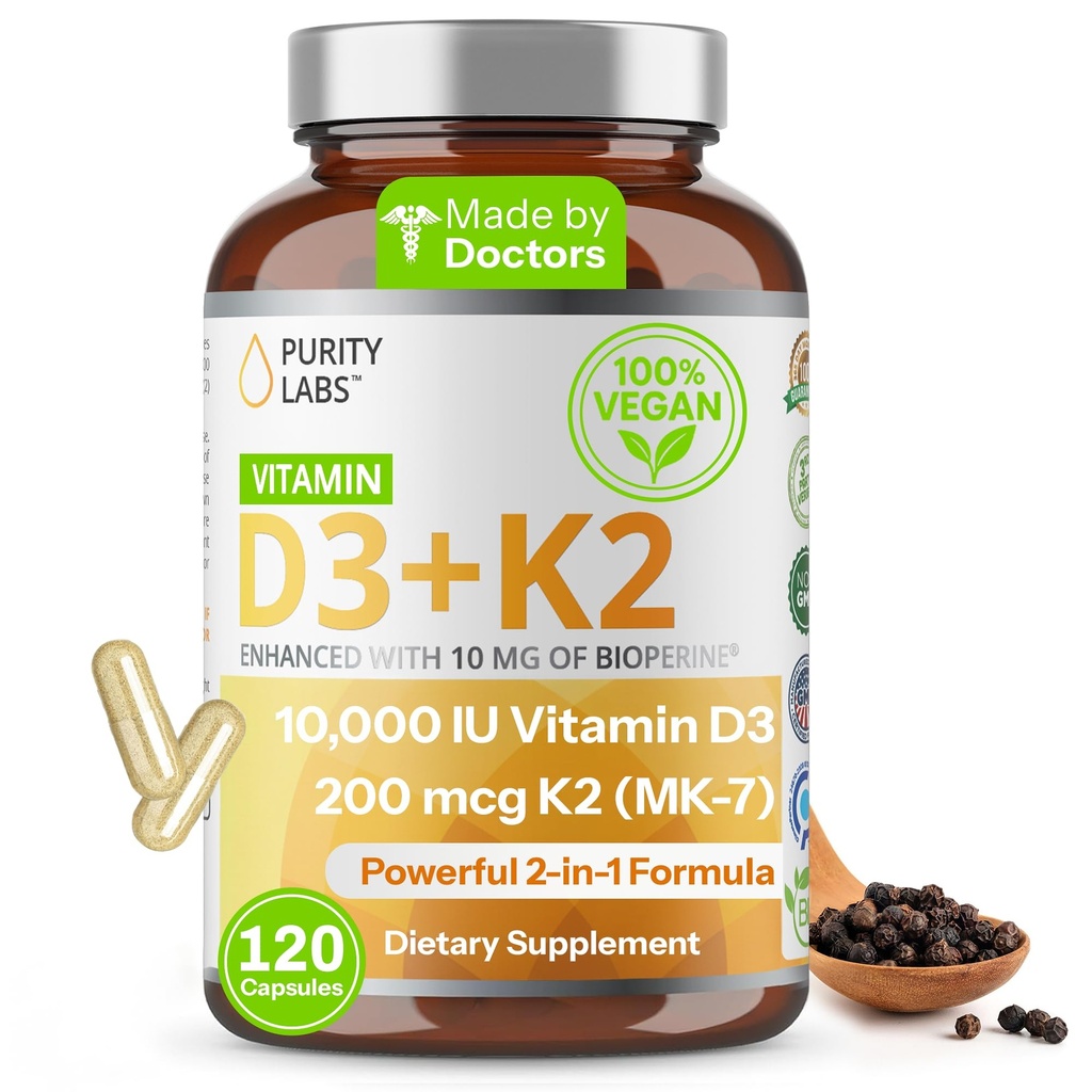 Purity Labs Vitamin D3 K2 10000 IU, (250mcg) D3 + 200mcg K2 MK7 - Immununterstützungsergänzung mit Bioperine - Ergänzungen für tägliche Verteidigung, Knochen, Muskel- und Hautgesundheit - 120 Kapseln