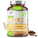Purity Labs Vitamin D3 K2 10000 IU, (250mcg) D3 + 200mcg K2 MK7 - Immununterstützungsergänzung mit Bioperine - Ergänzungen für tägliche Verteidigung, Knochen, Muskel- und Hautgesundheit - 120 Kapseln