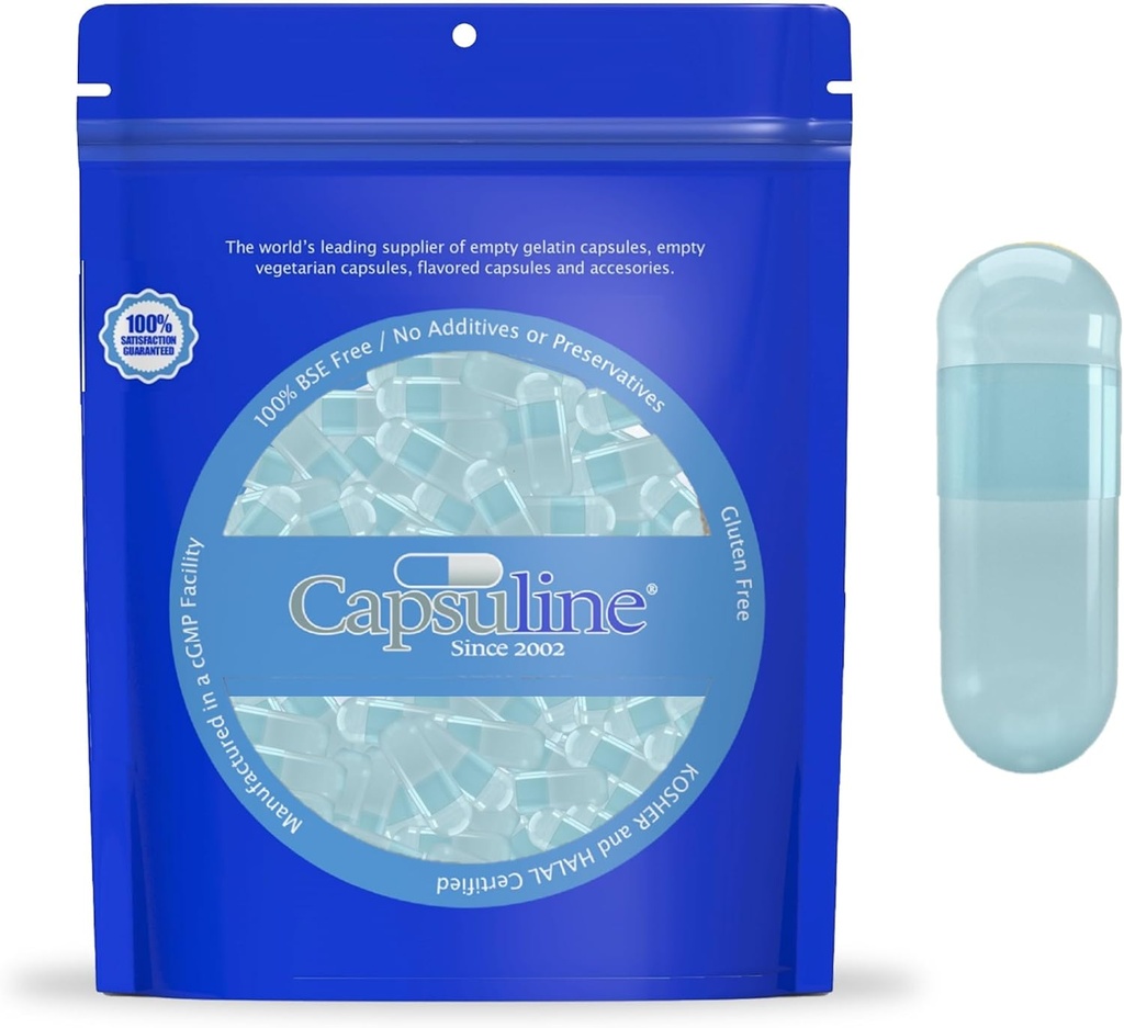Capsuline Spiruline Coloré Taille 0 Capsules Vegan vides Bleu/Blue - 100 Compte - Capsules de pilules vides végétariennes - Garniture de gélules végétales bricolées - Capsules de pilules vegies - Certifié Kosher et Halal