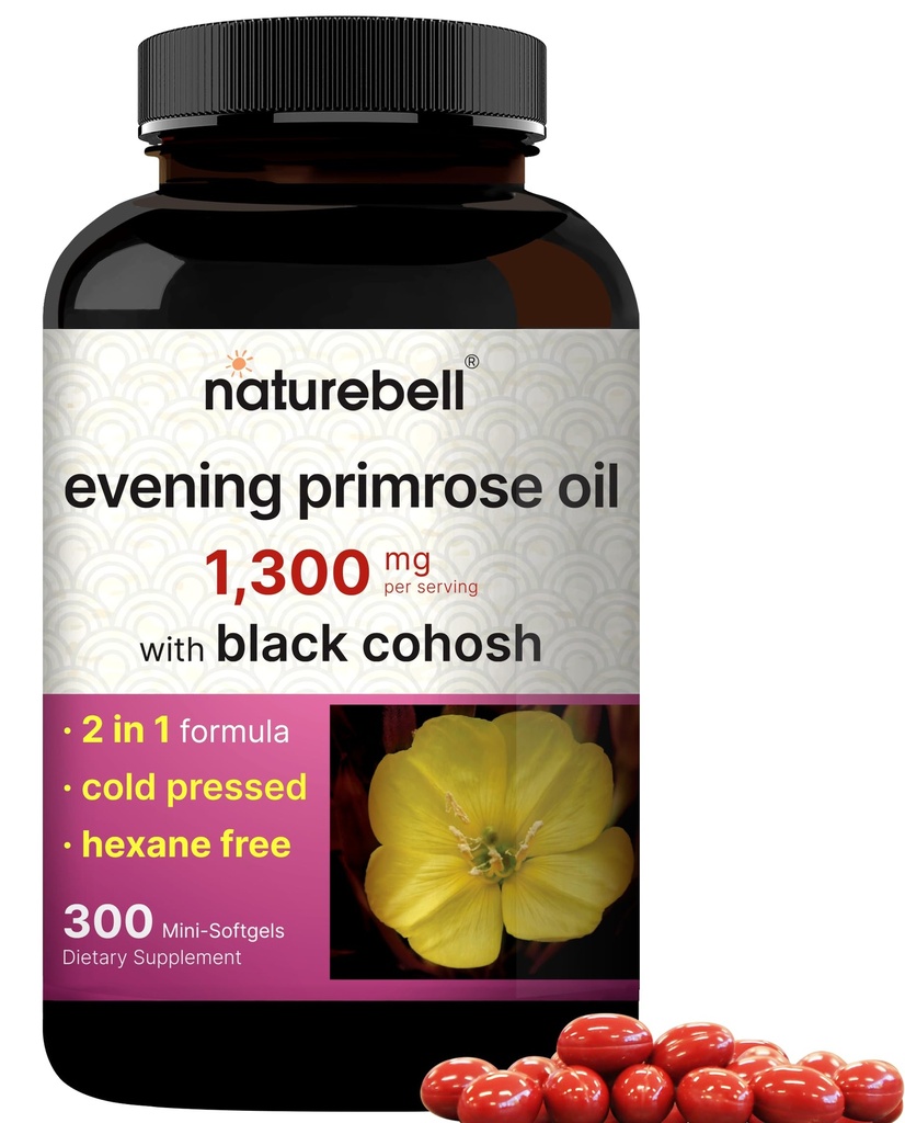 NatureBell Evening Primrose Oil mit schwarzem Cohosh, 1.300mg pro Servierung, 300 Mini-Softgels | Cold Pressed Seeds, Enthält 130mg GLA für Frauen Gesundheit & Hautpflege – Hexane Free, Non-GMO