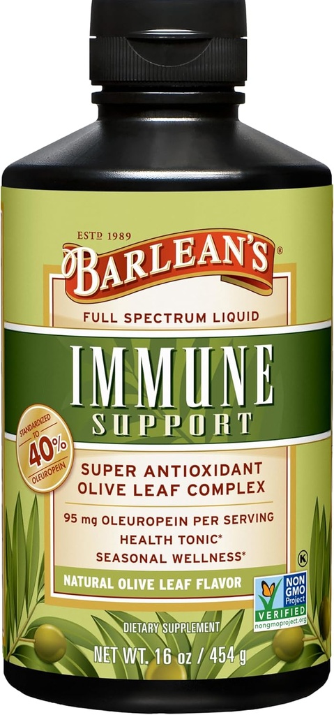Barlean's Olive Leaf Complex Liquid Immune Support Supplement with 95mg Oleuropein Antioxidants for Seasonal Wellness, Heart Health, & Immune System Booster, 16 Ounce