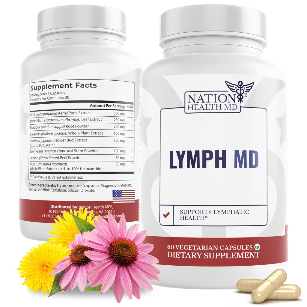 Lymph MD - Supplément de drainage lymphatique - avec Bromelain, Echinacea, Burdock Root, Dandelion, Rutin, Kelp & More - Support du système lymphatique pour les femmes et les hommes - 60 capsules