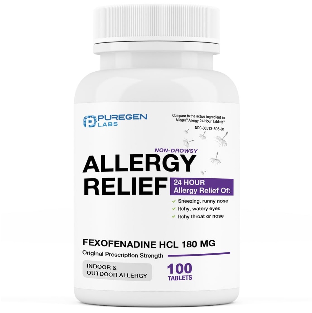 Puregen Labs Allergie Relief, Fexofenadine 180mg, 100 Comprimés – 24 heures anti-histaminique anti-allergie contre les ronflements, éternuements, démangeaisons, yeux aqueux - Fabriqué aux États-Unis