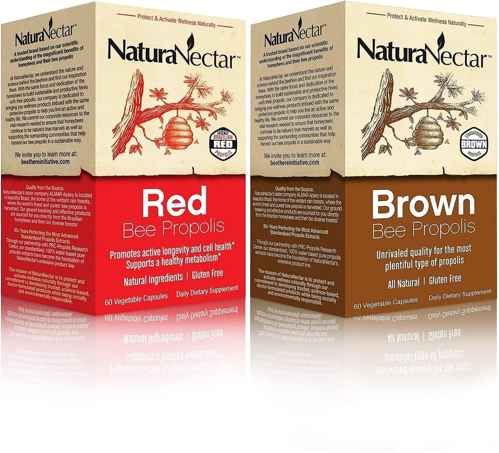 NaturaNectar Natural Bee Propolis Bundle - Rote Propolis und Braune Propolis - für Immununterstützung, Respiratorische Gesundheit und gesunden Stoffwechsel - 60 Kapseln pro Flasche