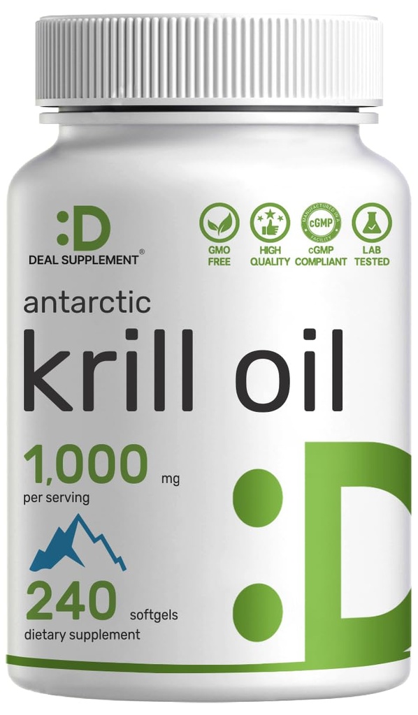 DEAL SUPPLEMENT Antarktis Krillöl, 1000mg pro Servierung, 240 Softgels – Mercury Free, No Fishy Taste – Rich in Omega-3s, EPA, DHA, Astaxanthin, & Phospholipide – Non-GMO, No Gluten