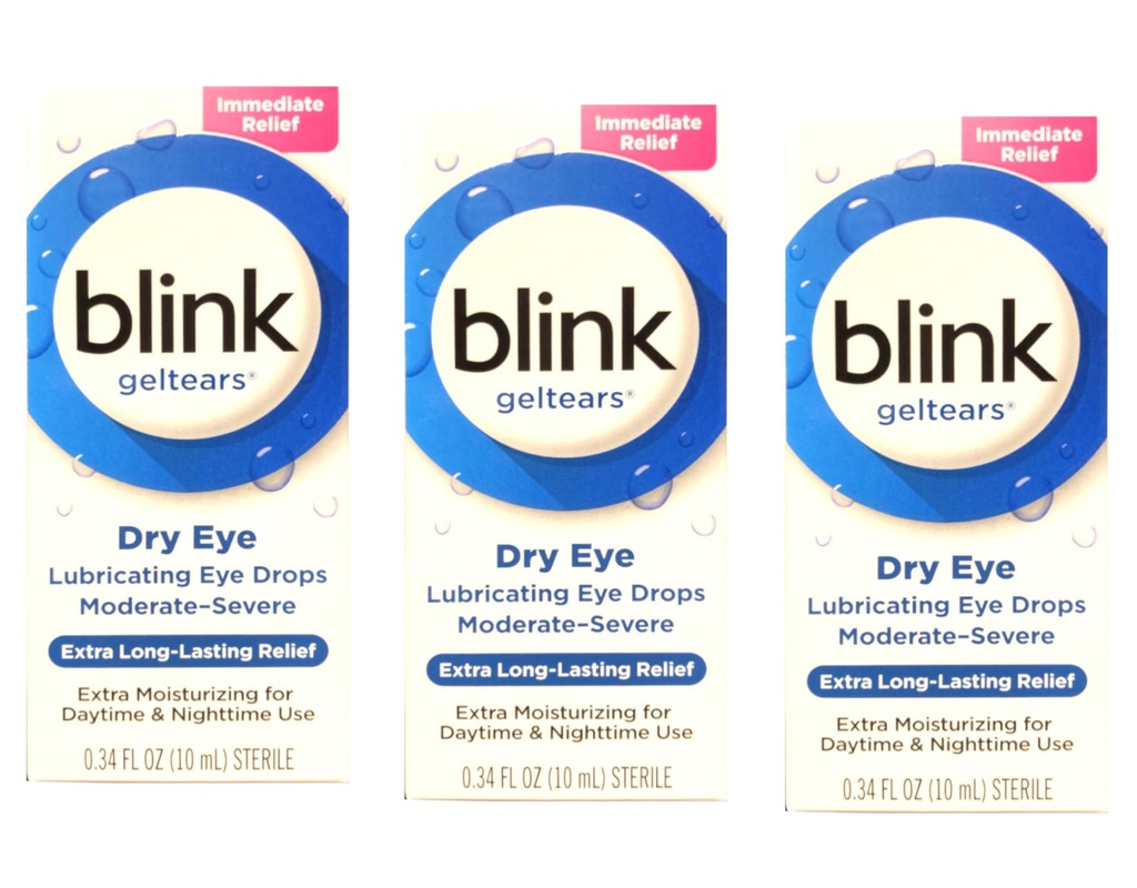 Blink GelTears Lubrifiant gouttes oculaires pour les yeux secs, extra longue durée de soulagement, Formule hydratante, Sécheresse modérée à sévère, 0,34 fl oz (paquet de 3)