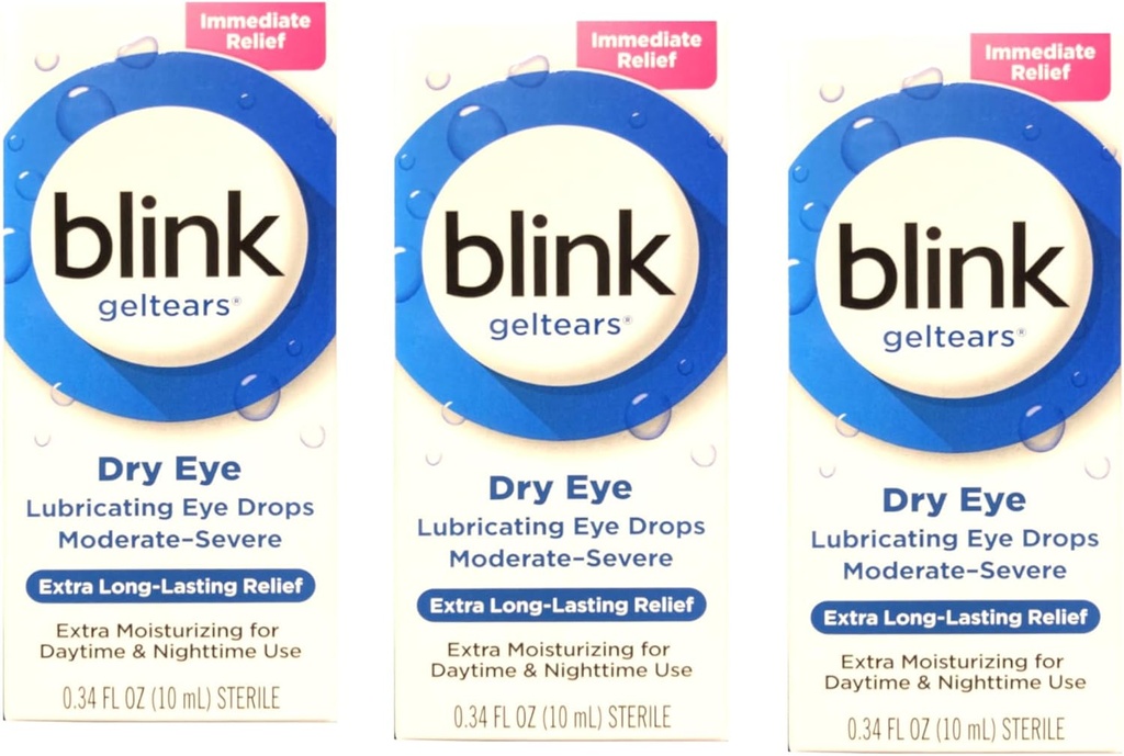 Blink GelTears Schmierende Augentropfen für trockenes Auge, extra lang anhaltendes Relief, Feuchtigkeitsspendende Formel, moderate bis schwere Trockenheit, 0.34 fl oz (Pack von 3)