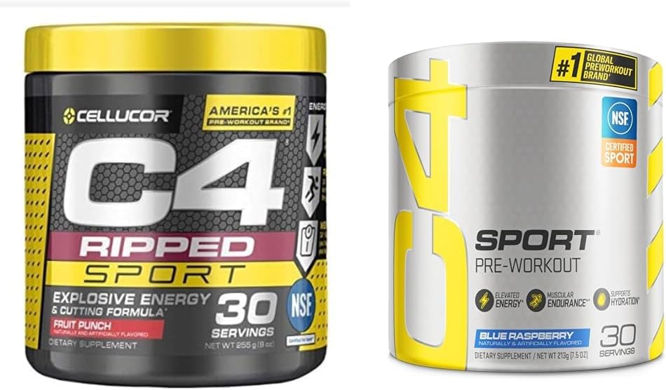 C4 Ripped Sport Pre Workout Powder Fruit Punch - NSF zertifiziert für Sport + Sugar Free & C4 Sport Pre Workout Powder Blue Raspberry - Pre Workout Energy